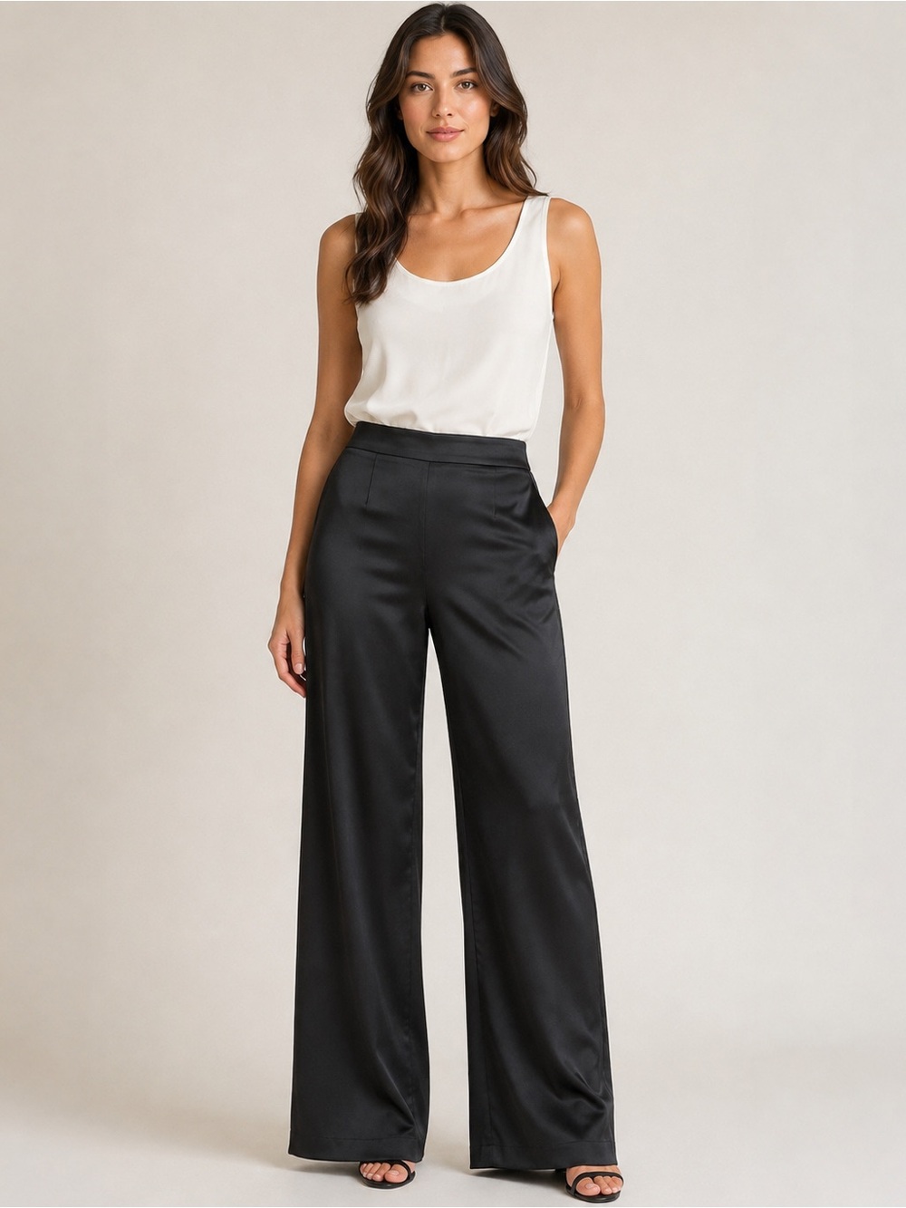 White House Black Market Black Wide-Leg Satin Trousers size 8